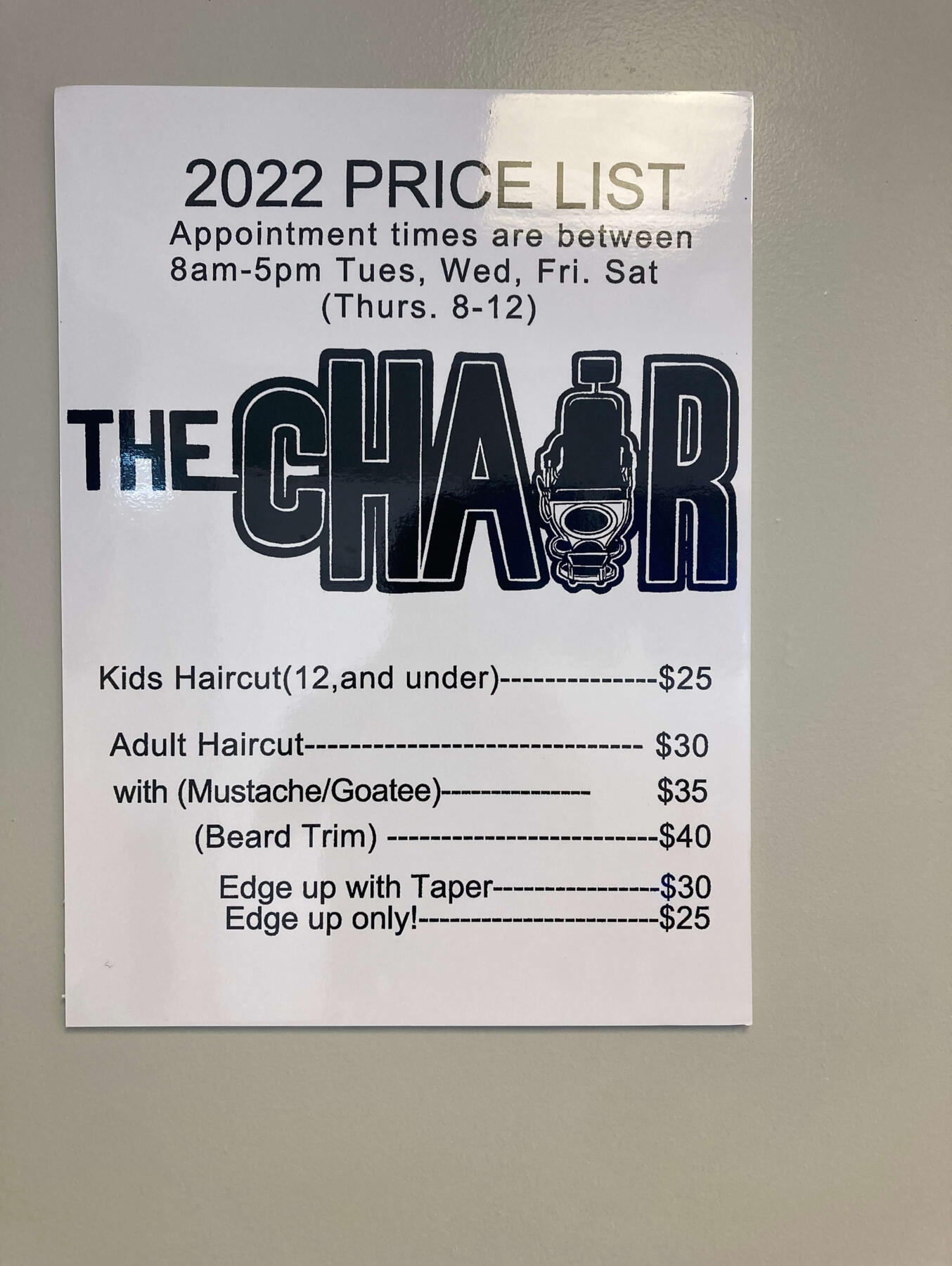 2022 Price List_The Chair Murfreesboro